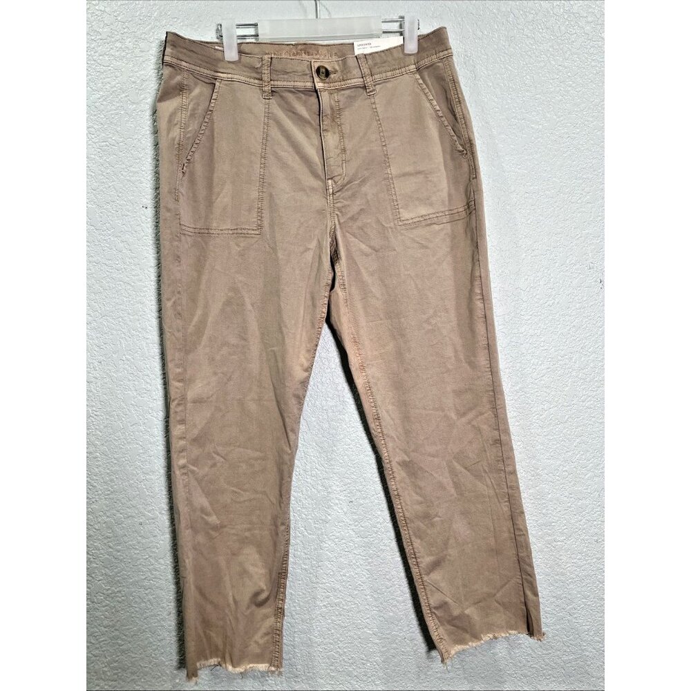 American Eagle Super Stretch Khaki Pants Women 14 L Low Rise Raw Hem Tan Utility